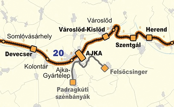 1. ábra. Ajka–Felsőcsinger-vasútvonal kiágazása a 20-as fővonalból