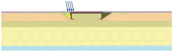 2. ábra. A híd és talaj környezetének Plaxis 3D alapmodellje (1. változat)