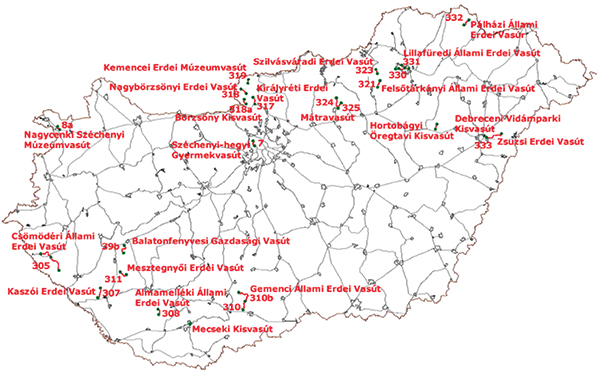 1. ábra. Keskeny nyom­közű vasúti pályák Magyarországon (Forrás: Mindszenty Anett, 2013)