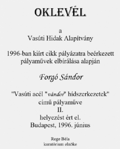 5. ábra. Forgó Sándor oklevele (cikkírói pályázat, 1996)