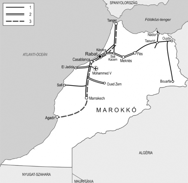 2. ábra. Marokkó leendő nagysebességű vasútvonalai [6]  Jelmagyarázat: 1 – meglevő hagyományos pályák dízelvontatással; 2 – kétvágányúsított pályák; 3 – a tervezett nagysebességű pályák