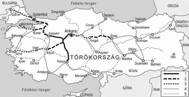 5. ábra. A törökországi nagysebességű hálózat  Jelmagyarázat: 1 – 2012-ben üzemelő; 2 – épülőben lévő; 3 – középtávon megvalósuló; 4 – hosszú távon tervezett ns. vonalak; 5 – üzemelő hagyományos vasutak Forrás:  „Törökország nagysebességű vasúti közlekedése” … wikipedia [12] alapján a szerző szerkesztése.