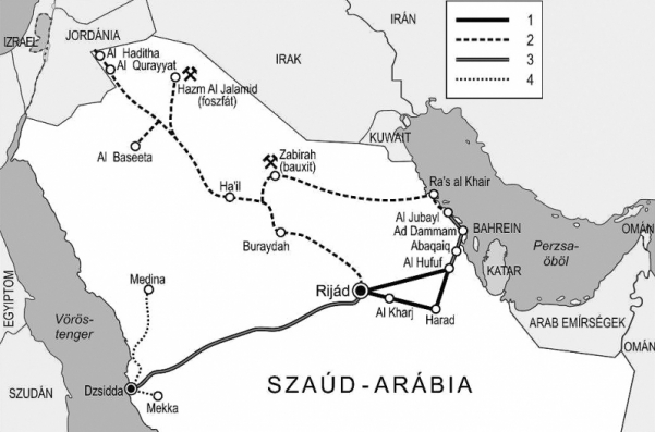 6. ábra. Szaúd-Arábia vasúthálózata  Jelmagyarázat: 1 – az 1951 és 1985 között megnyílt vegyes forgalmú; 2 – a 2012-ben bányatermék-szállításra megnyílt; 3 – a megvalósulóban levő transzarábiai konténerszállító; 4 – a Medina–Dzsidda–Mekka viszonylatú, 2015-től működő ns. vasút Forrás: Rail transport map of Saudi Arabia.png (http://hu.wikipedia.org/wiki/Fájl:Rail_transport_map_of_Saudi_Ar…) térképének szerző által egyszerűsített változata.