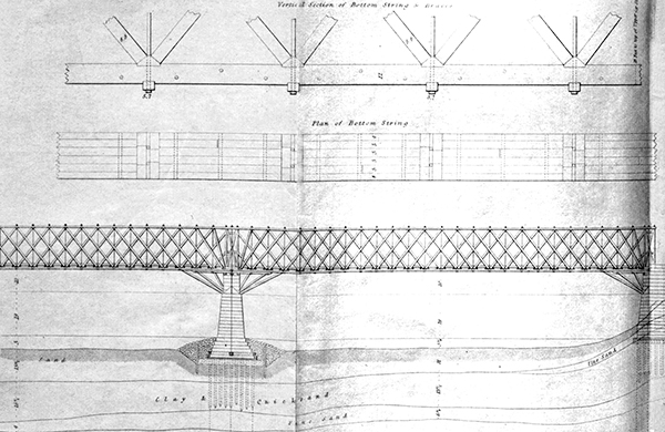 5. ábra. A Connecticut folyó hídjának oldalnézete és csomóponti kialakítása [7]