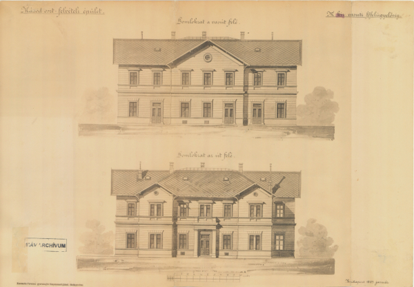 6. ábra. II. osztályú felvételi épület típustervhomlokzatok (MÁV, 1883)