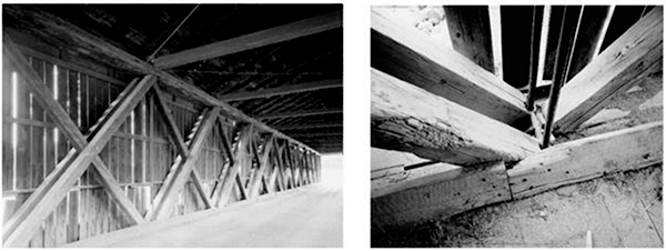  6. ábra. Tipikus Howe-féle kialakítás: 1857-ben átadott közúti híd (Au Sable folyó, Jay, New York) [7]
