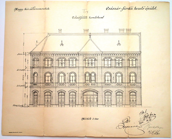  7. ábra. Császárfürdő vá. Duna felőli homlokzata, 1904. márciusi tervváltozat