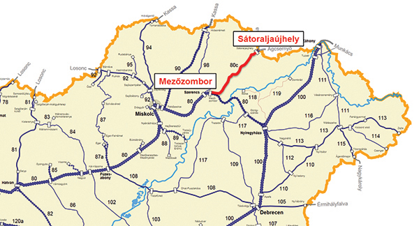 1. ábra. A Mezőzombor–Sátoraljaújhely vasútvonal elhelyezkedése az országos vasúthálózatban
