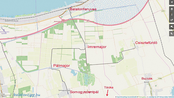 2. ábra. A Balatonfenyvesi kisvasút 22 kilométeres teljes pályavonala az OpenStreetMap térképén