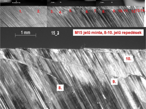 8. ábra. Repedések a sínfej hosszmetszetében (M15 jelű minta)