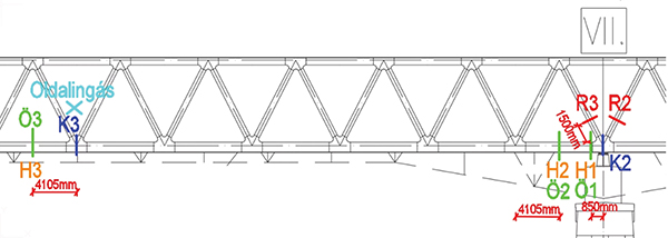 11. ábra. Nyúlásmérési helyek a VI. és a VII. jelű támaszok között