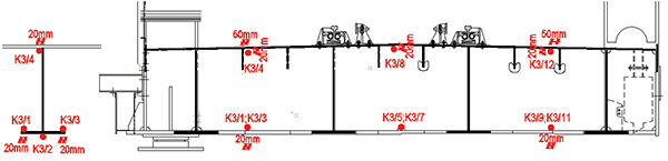 13. ábra. K3 (72 jelű) kereszttartón elhelyezett nyúlásmérő bélyegek sematikus rajza