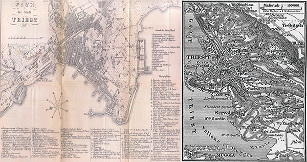 1. ábra. Trieszt és környékének térképe 1857-ben (balra) és 1888-ban (jobbra) (Forrás: Wikipedia)