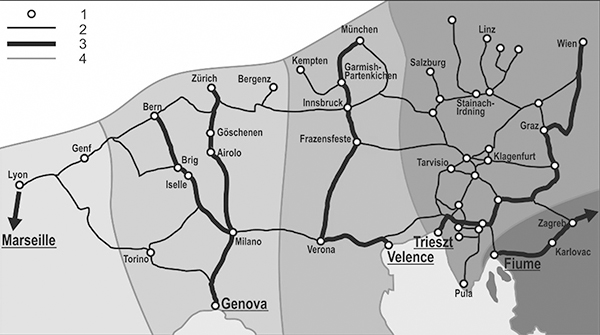 7. ábra. Az észak-adriai kikötőkbe és Genovába vezető fő vasútvonalak