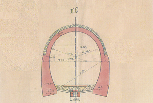 8. ábra. Az alagút keresztmetszete az építéskori (1909) megvalósulási tervből
