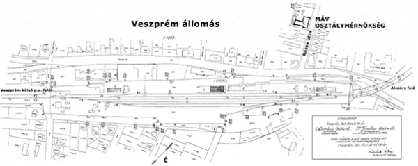 4. ábra. Veszprém állomás helyszínrajza 1941-ben az osztálymérnökség épületével