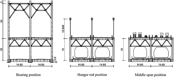1. ábra. A híd jellemző keresztmetszete a közbenső támaszoknál, a háromövű szakaszon és a kétövű szakaszokon [1]