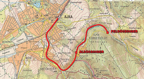 2. ábra. Ajka–Felsőcsinger-vasútvonal a Csingervölgyben