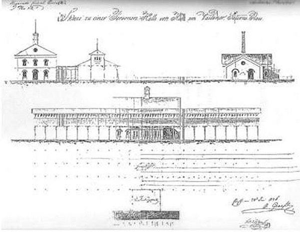 2. ábra. A felvételi épület eredeti tervei (déli homlokzat) és a szemközti keresztházas épület