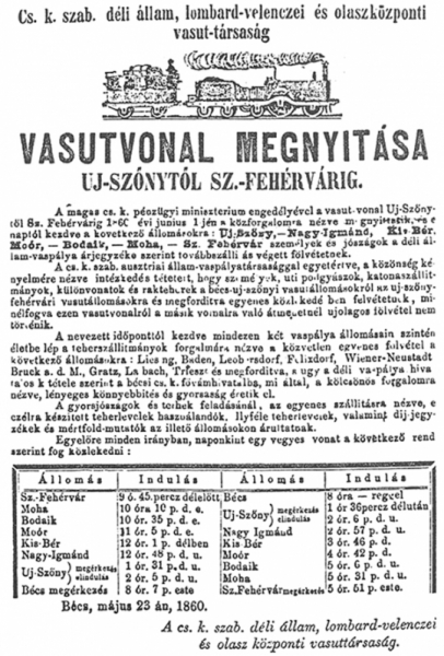 6. ábra. Hirdetmény az Uj-Szőny–Székesfehérvár-vasútvonal megnyitásáról