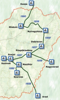 1. ábra. A Tiszavidéki Vasúttársaság dél-magyarországi vonalai, 1858–1880 (Grafika: Bíró Sándor)