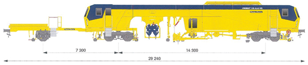4. ábra. Plasser & Theurer UNIMAT 08-4x4/4S típusú kitérő-aláverő gép jellemző méretei