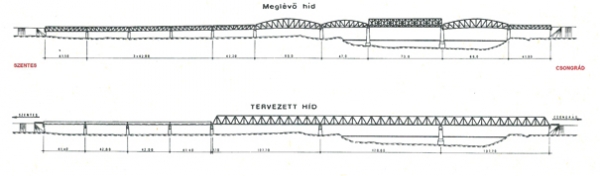 5. ábra. A régi és a tervezett Tisza-híd oldalnézete [5]