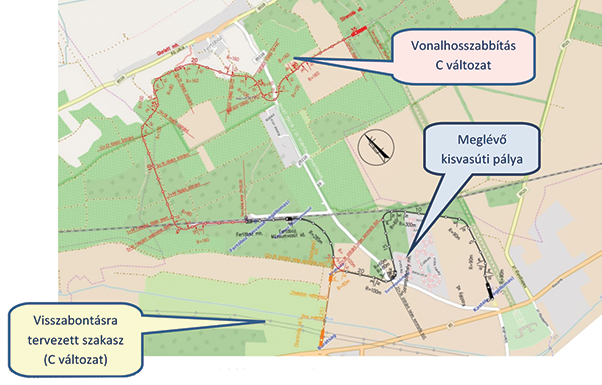 7. ábra. A Nagycenki Széchenyi Múzeumvasútnál a meglevő pálya és a C változat nyomvonala