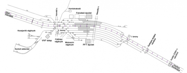 1. ábra. A vasútállomás vágányhálózata az átépítés előtt