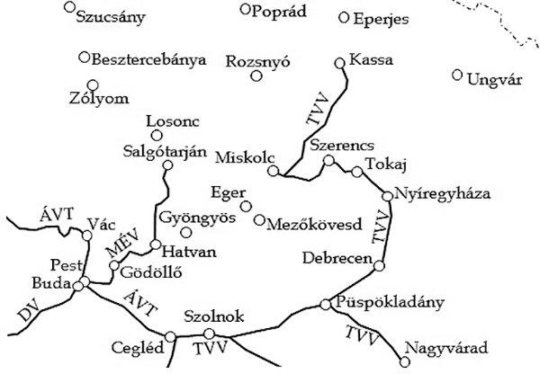 5. ábra. A megépült északi vonalak 1867-ben