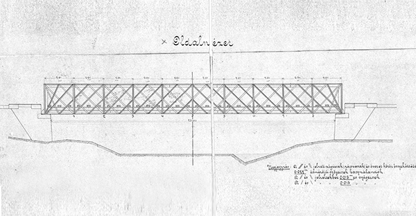 11. ábra. Az 1876-ban a 17+89 szelvényben épült Zagyva-híd oldalnézeti rajza (Forrás: MÁV SzK Központi Irattár)