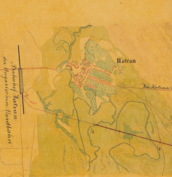 3. ábra. Eredetileg Hatvant dél felől kerülte volna meg a vasút – a megépült vonal a város északi oldalán vezet (Forrás: MÁV SzK Központi Irattár)