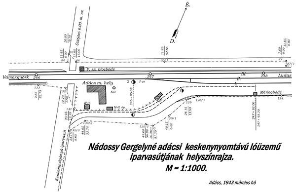 4. ábra.  A gazdasági vasút bekötésének helyszínrajza Adács állomáson 1943-ban