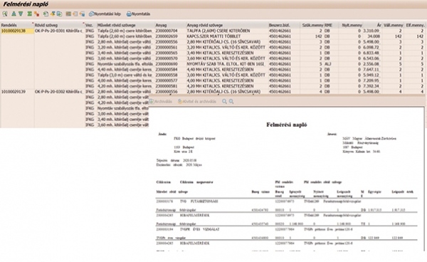 7. ábra. A felmérési napló adatai és azok nyomtatása a rendszerből