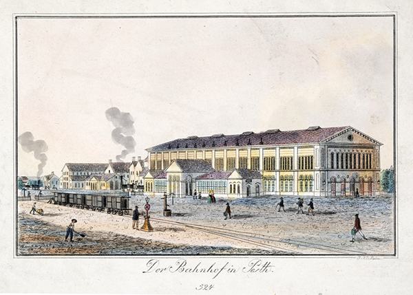 1. ábra. Vinzenz Reim: A pályaudvar Pesten (1851)