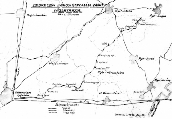 3. ábra. Az 1930-as évek végéig megépült vonal elhelyezkedése (Készítette: Csobai László) 