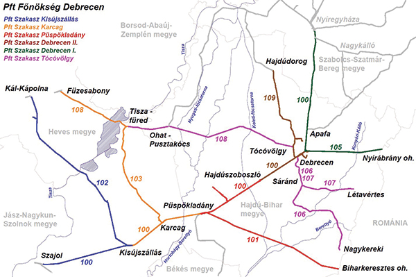 4. ábra. A Debreceni Pft. Főnökség vonalai (Rajzolta: Kovács Ádám)