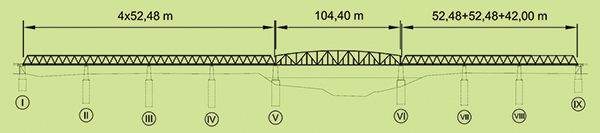 2. ábra. Az algyői Tisza-híd vázlata (jelenlegi szerkezet)
