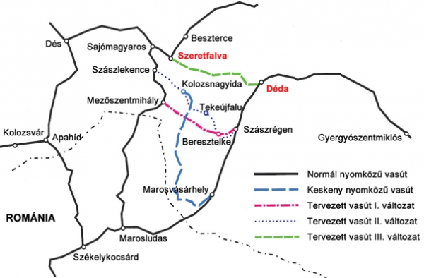 2. ábra. Változatok az új összekötő vasút nyomvonalvezetésére [1]