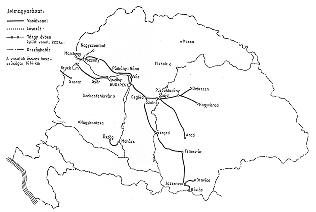 2. ábra. A magyar vasúthálózat 1858-ban (dr. Horváth Ferenc térképe alapján)