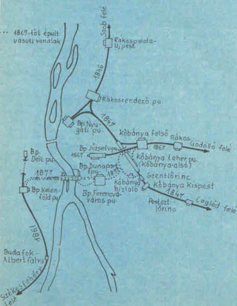 4. ábra. Az összekötő vasút csatlakozása a budapesti pályaudvarokhoz (1878) [5]