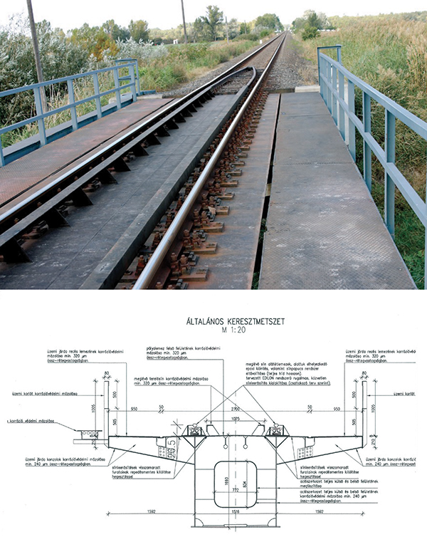 18. ábra. A bősárkányi Rábca-híd régi pályalemeze és az új felszerkezet keresztmetszete