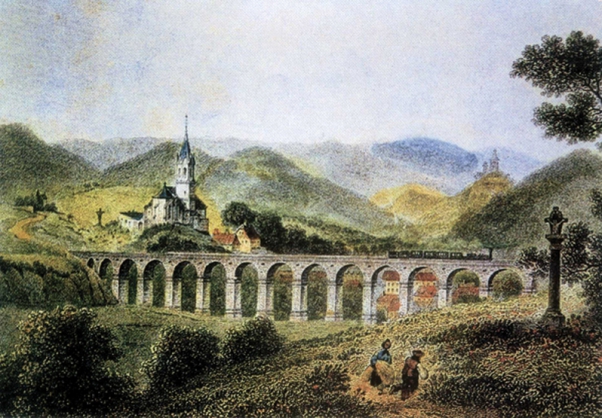 3. ábra. A Sopron–Bécsújhely vasút nagymartoni völgyhídja, 1847 (festmény)